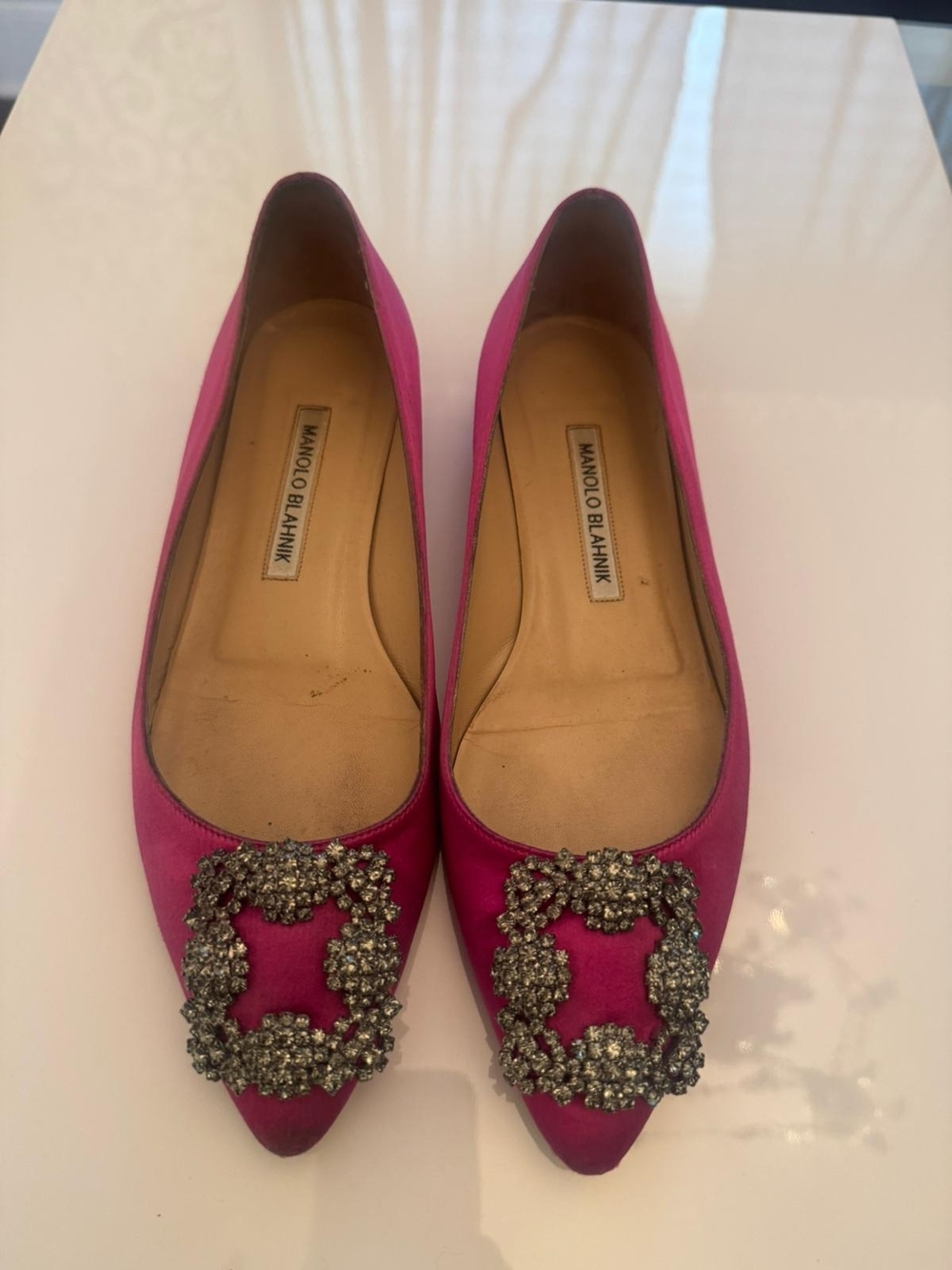Manolo Blahnik Hot Pink Satin Crystal Buckle Princess Shoes